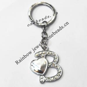 Zinc Alloy keyring with Crystal, Letters with Heart 4.5inch approx 33mm ring, Sold by Bag