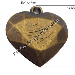   Antique Copper Acrylic Pendant Heart 26mm Hole:3mm, Sold by Bag