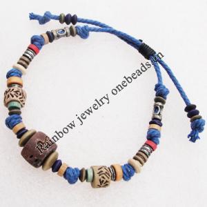 7.1 Inch Hemp rope with Wood Beads & Ceramic beads Bracelet Sold by Group