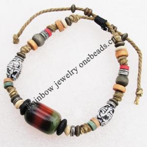 7.1 Inch Hemp rope with Wood Beads & Ceramic beads Bracelet Sold by Group