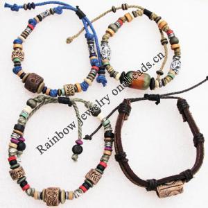 7.1 Inch Hemp rope with Wood Beads & Ceramic beads Bracelet Mixed Sold by Group