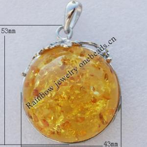 Imitate Amber Pendant With Metal Alloy Set, 53x43x18mm Hole:12x5mm, Sold by Bag 