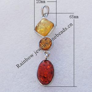 Imitate Amber Pendant With Metal Alloy Set, 65x20x8mm Hole:7.5x5mm, Sold by Bag 