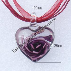 17-inch Lampwork Necklace, Wax Cord & Organza Ribbon Transparent & Lampwork Pendant 29x29x16mm Sold by Group