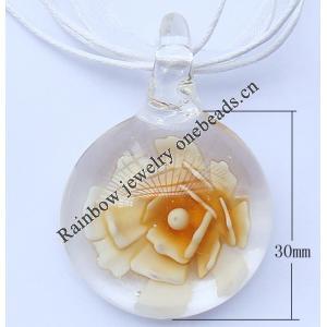 17-inch Lampwork Necklace, Wax Cord & Organza Ribbon Transparent & Lampwork Pendant 30x30x14mm Sold by Group