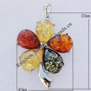 Imitate Amber Pendant With Metal Alloy Set, 55x40x7mm Hole:8x4mm, Sold by Bag 