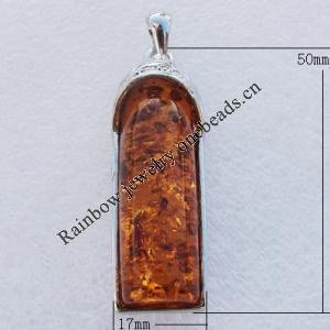 Imitate Amber Pendant With Metal Alloy Set, 50x17x10.5mm Hole:7x5mm, Sold by Bag 