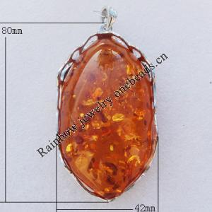 Imitate Amber Pendant With Metal Alloy Set, 80x42x21mm Hole:8.5x5mm, Sold by Bag 