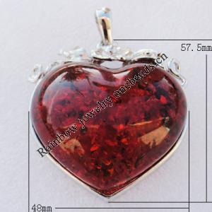 Imitate Amber Pendant With Metal Alloy Set, 57.5x48x17mm Hole:12x5mm, Sold by Bag 