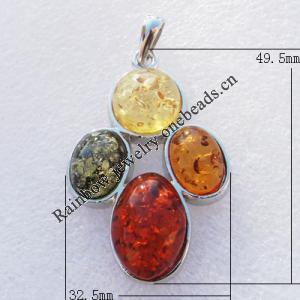Imitate Amber Pendant With Metal Alloy Set, 49.5x32.5x11mm Hole:8x5mm, Sold by Bag 