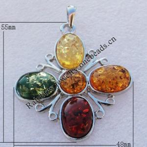 Imitate Amber Pendant With Metal Alloy Set, 55x48x7mm Hole:8x4.5mm, Sold by Bag 