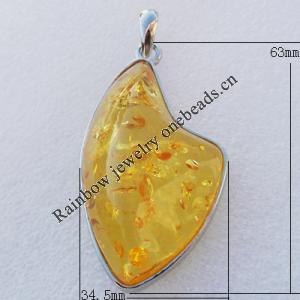 Imitate Amber Pendant With Metal Alloy Set, 63x34.5x16mm Hole:9x5mm, Sold by Bag 