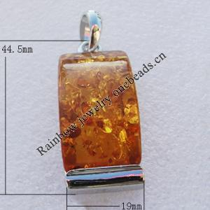 Imitate Amber Pendant With Metal Alloy Set, 44.5x19x14mm Hole:10x6mm, Sold by Bag 