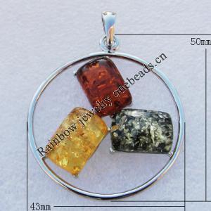 Imitate Amber Pendant With Metal Alloy Set, 50x43x7.5mm Hole:8.5x4.5mm, Sold by Bag 
