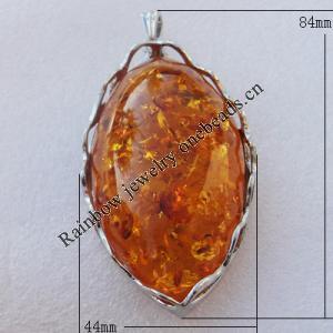Imitate Amber Pendant With Metal Alloy Set, 84x44x21mm Hole:9x5mm, Sold by Bag 