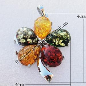 Imitate Amber Pendant With Metal Alloy Set, 46x40x7mm Hole:8x4.5mm, Sold by Bag 