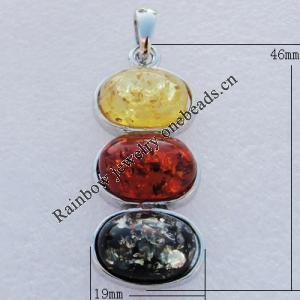 Imitate Amber Pendant With Metal Alloy Set, 46x19x8mm Hole:8x4.5mm, Sold by Bag 