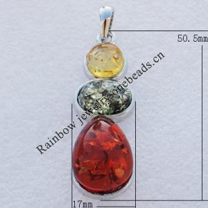 Imitate Amber Pendant With Metal Alloy Set, 50.5x17x10mm Hole:8x5mm, Sold by Bag 