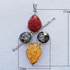 Imitate Amber Pendant With Metal Alloy Set, 57x28x18.5mm Hole:8x4.5mm, Sold by Bag 