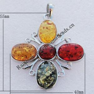 Imitate Amber Pendant With Metal Alloy Set, 55x48x7mm Hole:7.5x5mm, Sold by Bag 