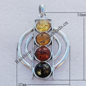 Imitate Amber Pendant With Metal Alloy Set, 54x37x6mm Hole:8.5x5mm, Sold by Bag 
