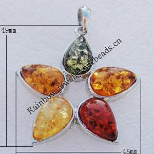 Imitate Amber Pendant With Metal Alloy Set, 49x45x7mm Hole:8x4.5mm, Sold by Bag 