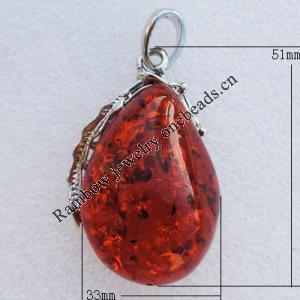 Imitate Amber Pendant With Metal Alloy Set, 51x33x19mm, Sold by Bag 