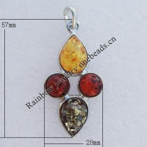 Imitate Amber Pendant With Metal Alloy Set, 57x28x18mm, Sold by Bag 