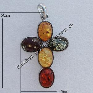 Imitate Amber Pendant With Metal Alloy Set, 56x36x17mm, Sold by Bag 