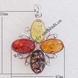 Imitate Amber Pendant With Metal Alloy Set, 55x47x18mm, Sold by Bag 