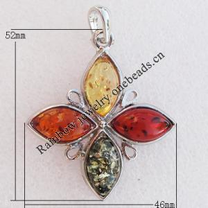 Imitate Amber Pendant With Metal Alloy Set, 52x46x7mm, Sold by Bag 