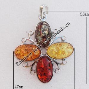 Imitate Amber Pendant With Metal Alloy Set, 55x47x7.5mm, Sold by Bag 