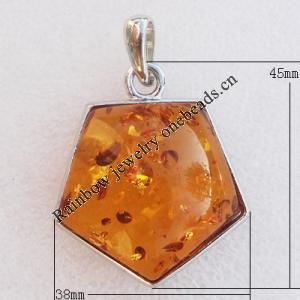 Imitate Amber Pendant With Metal Alloy Set, 45x38x14mm, Sold by Bag 