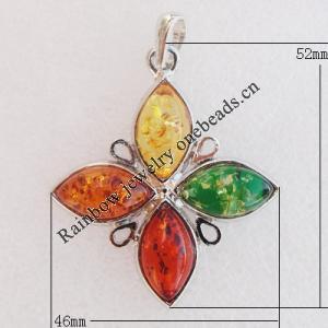 Imitate Amber Pendant With Metal Alloy Set, 52x46x6.5mm, Sold by Bag 