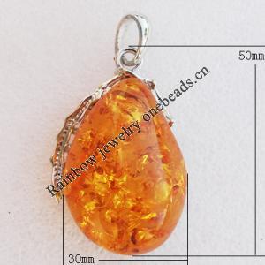 Imitate Amber Pendant With Metal Alloy Set, 50x30x18mm, Sold by Bag 