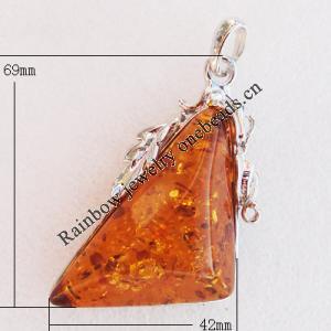 Imitate Amber Pendant With Metal Alloy Set, 69x42x16mm, Sold by Bag 