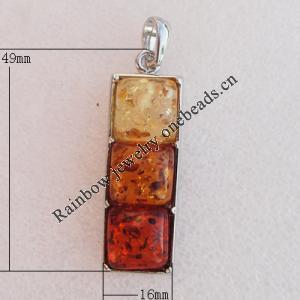 Imitate Amber Pendant With Metal Alloy Set, 49x16x8mm, Sold by Bag 