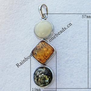 Imitate Amber Pendant With Metal Alloy Set, 57x19x7mm, Sold by Bag 