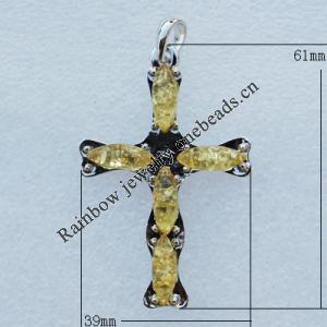 Imitate Amber Pendant With Metal Alloy Set, 61x39x7.5mm, Sold by Bag 