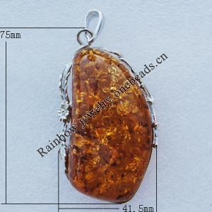 Imitate Amber Pendant With Metal Alloy Set, 75x41.5x17.5mm, Sold by Bag 