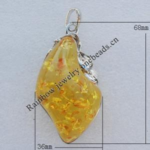 Imitate Amber Pendant With Metal Alloy Set, 68x36x21mm, Sold by Bag 