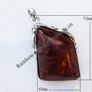 Imitate Amber Pendant With Metal Alloy Set, 70x49x17mm, Sold by Bag 