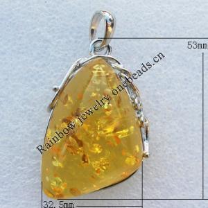 Imitate Amber Pendant With Metal Alloy Set, 53x32.5x17mm, Sold by Bag 