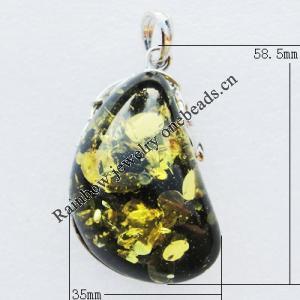 Imitate Amber Pendant With Metal Alloy Set, 58.5x35x20mm, Sold by Bag 