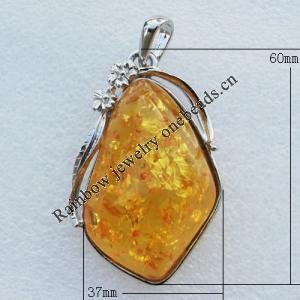 Imitate Amber Pendant With Metal Alloy Set, 60x37x19mm, Sold by Bag 