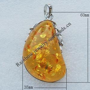 Imitate Amber Pendant With Metal Alloy Set, 60x35x21mm, Sold by Bag 