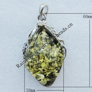 Imitate Amber Pendant With Metal Alloy Set, 66x38x19mm, Sold by Bag 