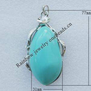 Imitate Amber Pendant With Metal Alloy Set, 77x31x19mm, Sold by Bag 