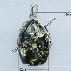 Imitate Amber Pendant With Metal Alloy Set, 54x32x19mm, Sold by Bag 