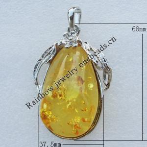 Imitate Amber Pendant With Metal Alloy Set, 68x37.5x18mm, Sold by Bag 